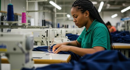 Focused Female Garment Worker Operating Industrial Sewing Machine in a Busy Factory