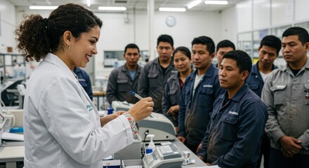 Female Scientist Leading a Team Meeting in a Modern Laboratory