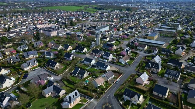 Saint Berthevin cityscape, Mayenne department in France. Aerial drone forward