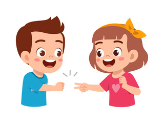 Happy Girl and Boy Playing Rock Paper Scissors Hand Game with Smiling Expression in Cartoon Style