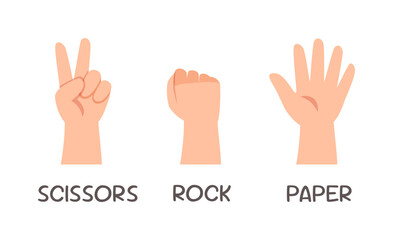 Three Hands Showing Rock Paper Scissors Gestures Isolated on White Background