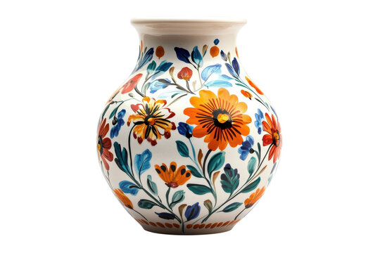 Hand painted floral vase vibrant colors elegant design white ceramic black on transparent background