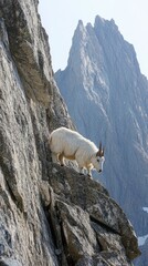 Naklejka premium A white mountain goat ascends a rugged cliff face.