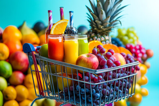 Colorful fruit juice and fresh produce shopping cart healthy lifestyle