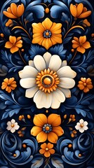 Bold Floral Mobile Wallpaper  White Flower with Orange Center on Dark Blue | Aesthetic 4K Phone Background


