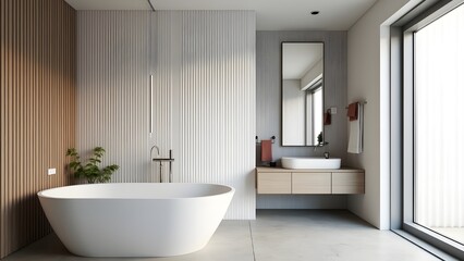 Serene Modern Bathroom Featuring Wood Accents and Stylish Freestanding Bathtub