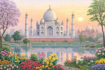 Obraz premium Sunrise over the Taj Mahal in India A Serene Morning View
