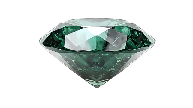 Green gemstone shaped like a diamond, HD rendering, on white background