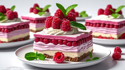 Cold cheesecake with raspberries and raspberry jam, layer. No Bake raspberries Cheese cake.