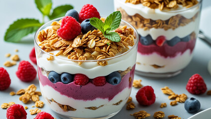 Greek yogurt parfait with strawberry at white background.