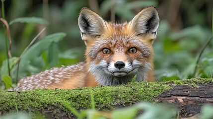 curious fox with bright eyes, partially hidden among moss