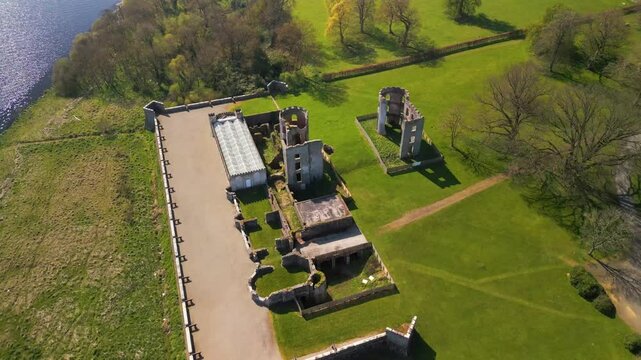 Descending, forward travelling aerial video of Shane's Castle in County Antrim, Northern Ireland. Filmed in 4K, 60 frames per second and with Rec709 color.