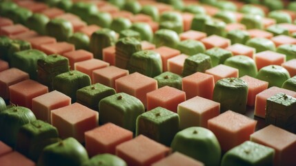 Obraz premium A harmonious pattern of colorful cubes in shades of green and red, meticulously arranged to form a vivid, geometric and orderly visual tapestry.