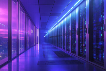Futuristic server room glowing purple and blue city view at night