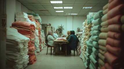 Obraz premium Workers gather in a textile shop, surrounded by colorful fabrics, reflecting the essence of collaboration and craftsmanship in a vibrant setting.