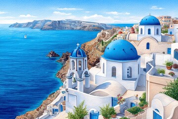 Whitewashed Buildings and Blue Domes on a Sunny Mediterranean Coast