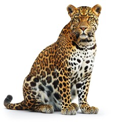 Obraz premium A full body leopard sitting down clipart, isolated on white background, hyper realistic photography style, photorealistic image