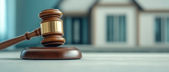 Gavel on a Sounding Block with a House Model in the Background Representing Real Estate Law and Justice