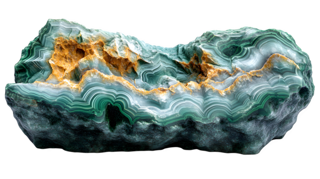 Malachite mineral stone, layered green texture, realistic, isolated on white background