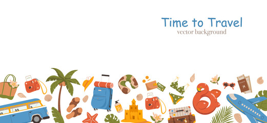 Banner with travel and tourism elements. Colorful trip objects, suitcase, airplane, palm tree, luggage, sand, sun glasses, space for text. Summer vacation background. Colorful flat vector illustration