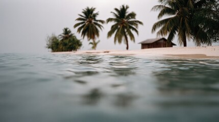 Fototapeta premium A peaceful beach landscape portrays palm trees and a cabin by the shore, where gentle waves meet the pristine sands under an overcast sky.