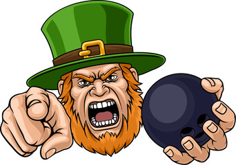 An angry Leprechaun Celtic Irish cartoon character holding Bowling ball and pointing sports team mascot illustration.