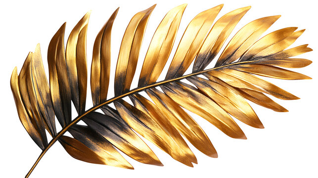 Metallic gold palm leaf, HD texture, isolated on white background
