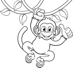 A monkey cartoon character singing on jungle vines and giving a thumbs up