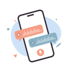 Smartphone with Voice Messages and Audio Chat Bubbles, Microphone Button On Screen, Online Chat Vector