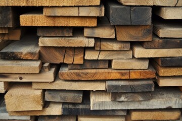 Stacked timber planks in warm lighting and soft focus. Artificial Intelligence image
