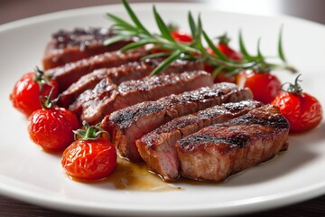grilled steak sliced on white plate with roasted cherry tomatoes and fresh rosemary garnish for delicious, high-protein meal perfect for dinner or gourmet food presentation