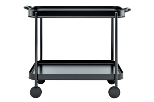 Elegant black metal bar cart two tiered design sleek minimalist style on transparent background