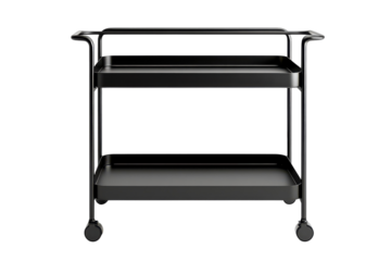 Sleek black two tier rolling cart perfect for serving or storage modern on transparent background