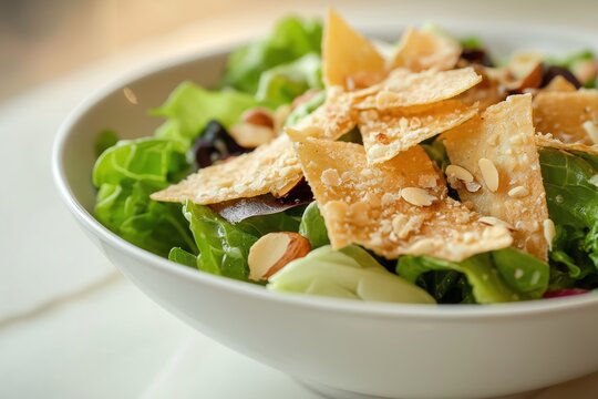 Bowl filled with mixed greens, crispy rice crackers, chopped almonds