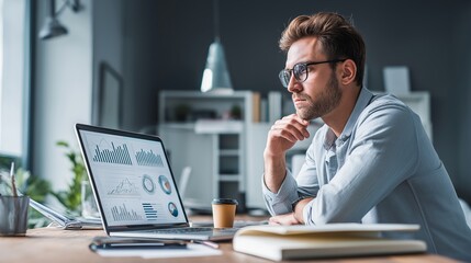 man working on laptop analyzing business data charts and graphs in modern office with focused expression and thoughtful pose using digital technology for work and finance