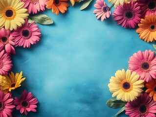 Obraz premium Colorful Daisies Frame on Teal Background