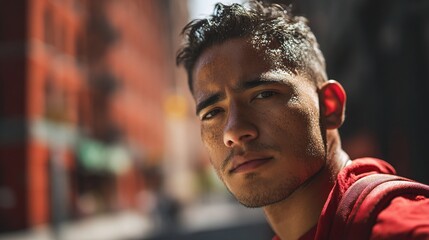 Young Hispanic Man with Serious Expression Walking in Urban Setting