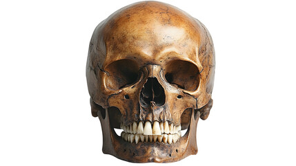 Fototapeta premium Human skull front view isolated on white background, HD and realistic