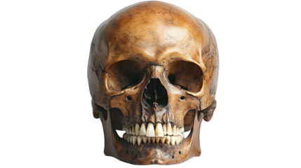 Human skull front view isolated on white background, HD and realistic
