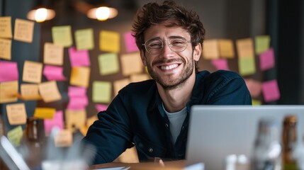 Fototapeta premium Smiling Founder with Laptop in Tech Startup Office Environment