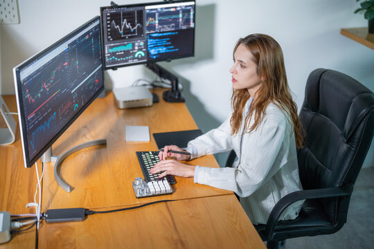 Woman analyzing financial data at a modern workspace with multiple computer screens displaying charts and graphs