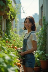 Fototapeta premium ontent Young Woman Enjoying Her Beautiful Balcony Garden with Ripe Tomatoes, Finding Joy and Relaxation in Her Urban Oasis