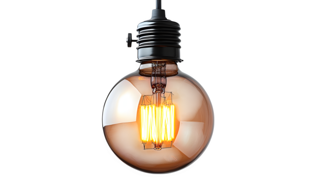 Hanging bulb with warm light glow, isolated on white background
