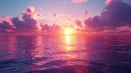 Peaceful seascape with soft clouds glowing in purple and orange hues, front-facing view, minimalist and soothing sunset atmosphere  