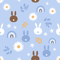Seamless pattern with bunny rabbit cartoons, rainbow, daisy flower and branches on blue background vector.