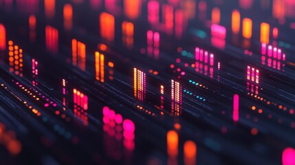 Obraz premium Abstract digital background with glowing pink, orange, and red lines and dots on a dark background.