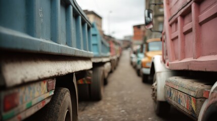Naklejka premium A line of colorful trucks parked along a narrow street, showcasing vibrant hues and industrial strength under an overcast sky.