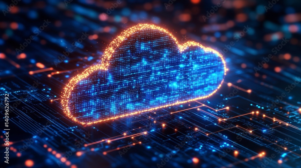 Wall mural abstract digital cloud symbol composed of glowing particles and lines on a circuit board background.
