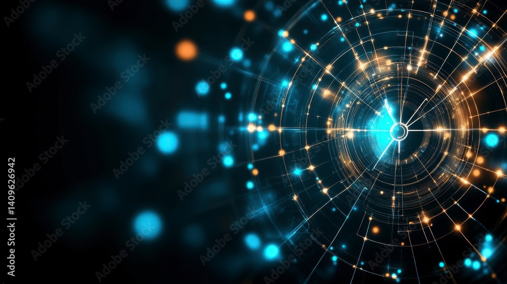 Fototapete Abstract background with glowing particles and lines in blue, orange, and gold, creating a sense of depth and movement.