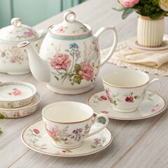 Fototapeta premium Beautiful floral tea set with teapot and cups for elegant tea time